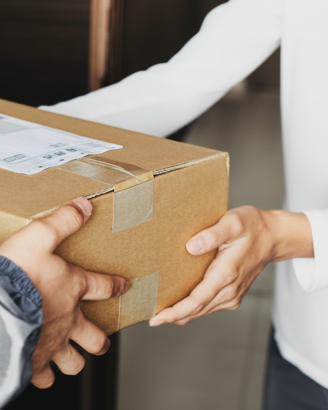Person receiving a cardboard box from another person. Delivered to your door.