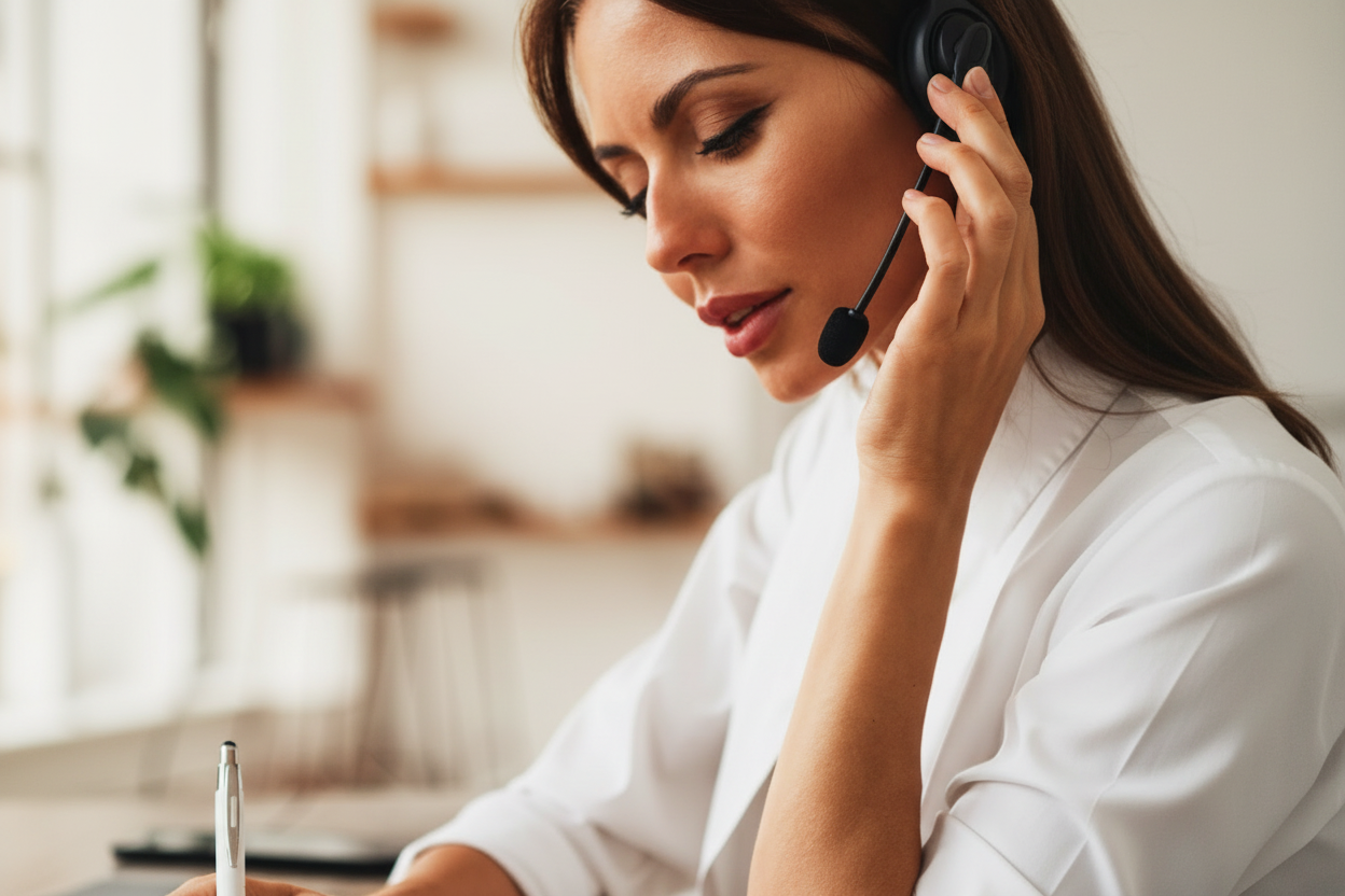 Woman wearing a headset and looking at a piece of paper in an office setting. She is a member of our dedicated team answering your calls.