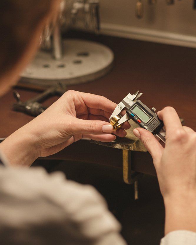 Person using a digital caliper to measure a small jewel on a wooden surface. Made to order, crafted in Italy.