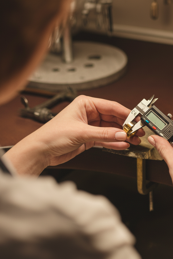 Person using a digital caliper to measure a jewellery object on a wooden surface.