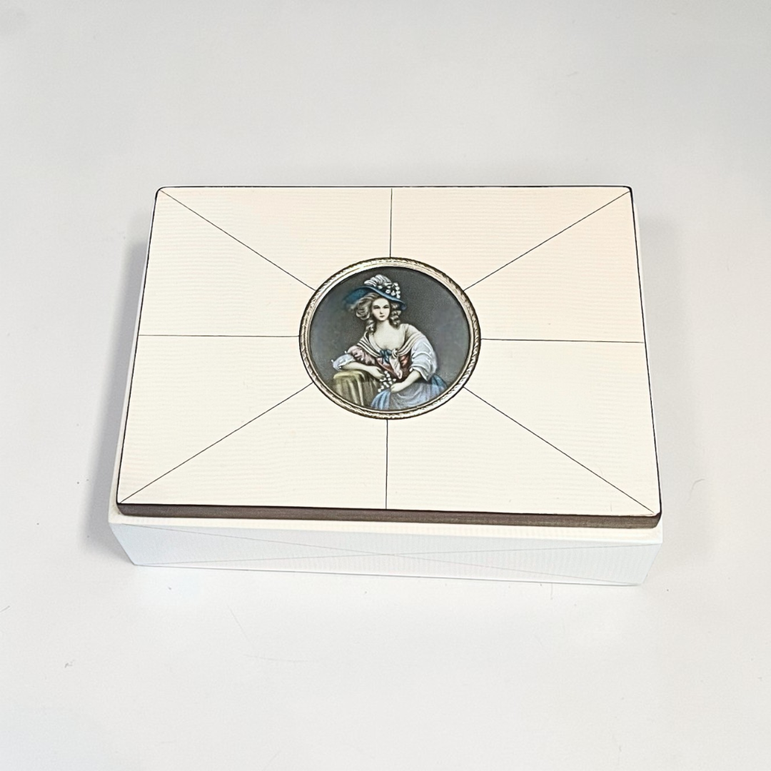 Decorative box with a portrait on the lid against a white background. Jewellery storage.