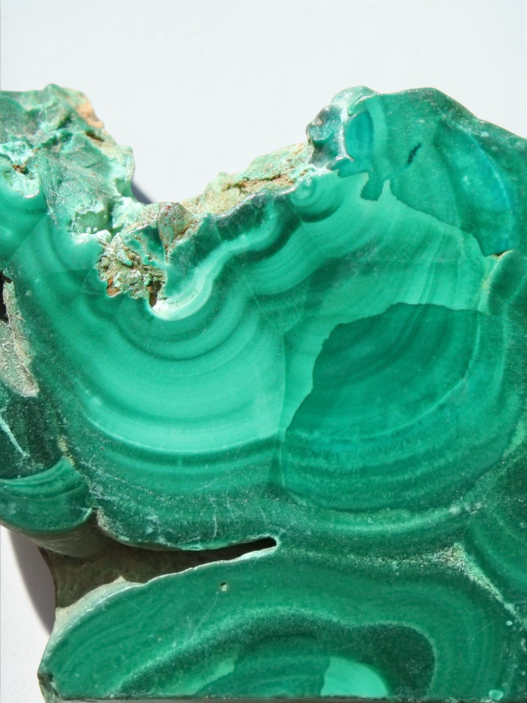 Close-up of a green malachite crystal with wavy layers on a white background