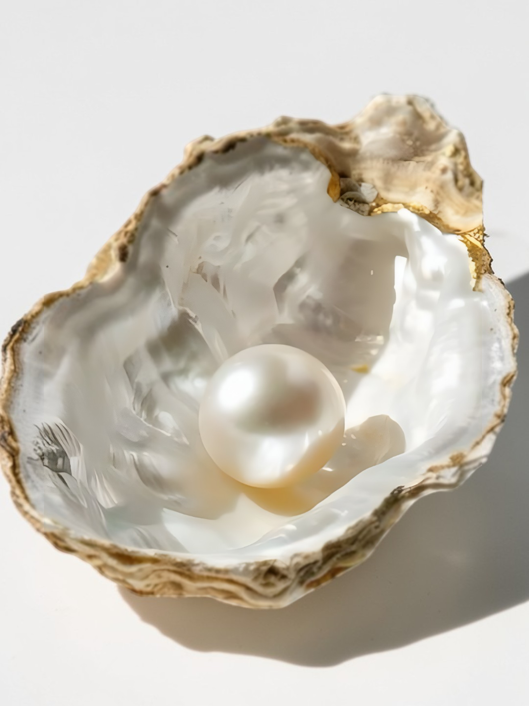 Pearl inside an open oyster shell on a light background