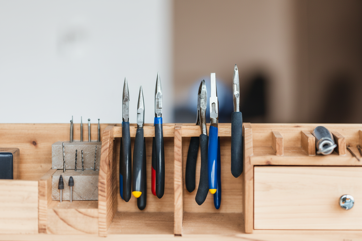 Set of goldsmith tools on a wooden holder with a blurred background. Made to order, crafted in Italy.