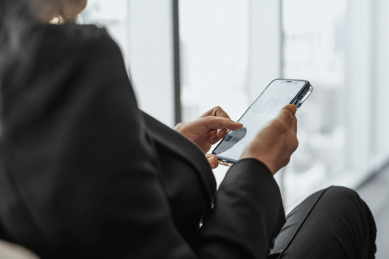 Person using a smartphone, with a blurred indoor background, to browse on the internet.